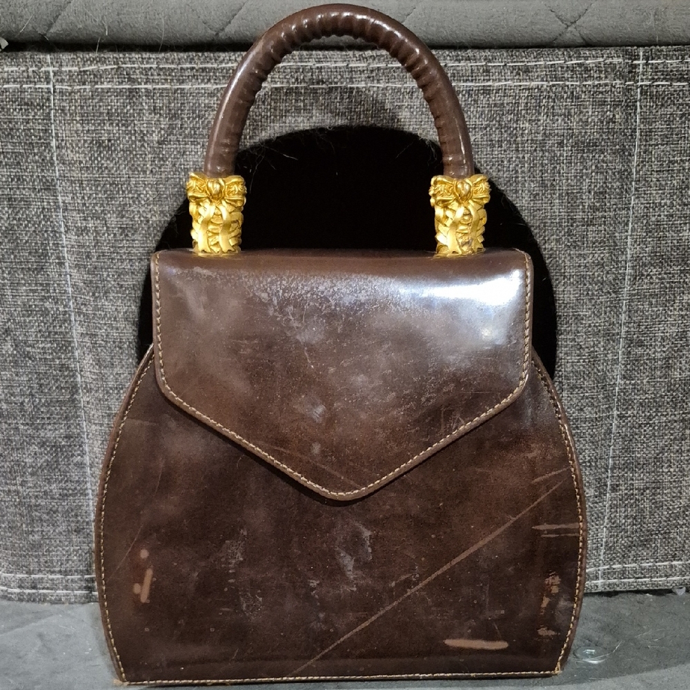 Chic Brown Leather Shoulder Bag with Gold Details